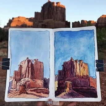 two watercolor illustrations of a sandstone butte