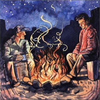 watercolor illustration of two men enjoying a campfire