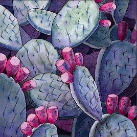 watercolor illustration of prickly pear cactus pads and fruit
