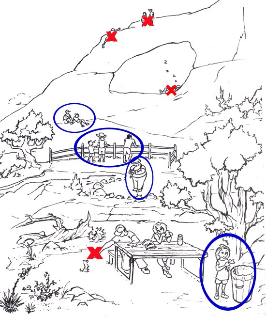 A line drawing of visitors doing activities in the park. Marked with a red X: climbing and sitting on an arch, sleeping in an arch, and feeding a chipmunk. Circled in blue: sitting on a rock, standing at a fence, taking photos, and throwing away trash.