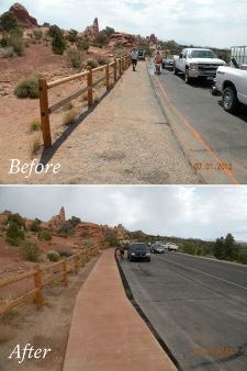 A before and after image of a fence line next to a parking area. The before image shows a gravel path and the after shows a sidewalk.