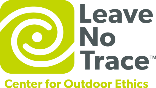 On the left is a yellowish green colored square with a while spiral in the middle. To the right in gray writing reads "Leave No Trace". Below yellowish green colored text reads "Center for Outdoor Ethics".