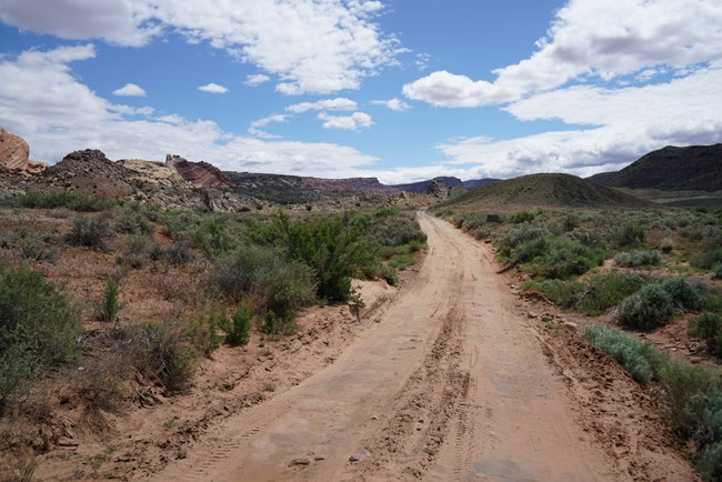 A rocky dirt road leads into a desert landscape with short hills on either side
