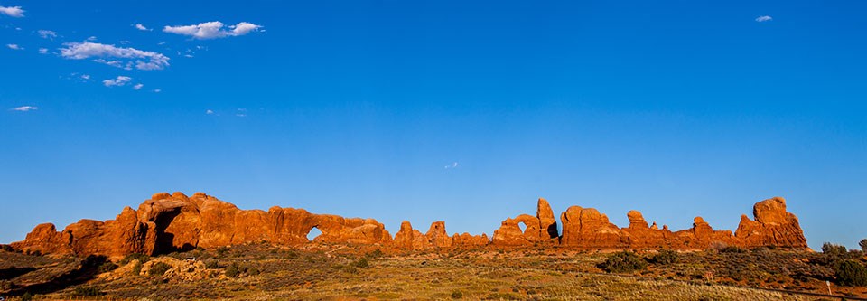 Expansive red rocks in different shapes and sizes, creating a wall. There are multiple arches among the wall and blue sky can be seen through them. The foreground is full of low-lying vegetation and the sky is brilliant blue.