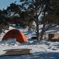 A orange tent under green trees in the snow