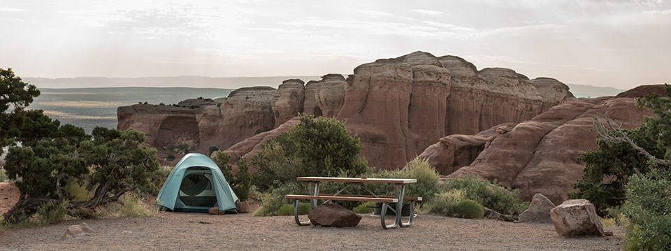 A blue tent and picnic table at a campsite surrounded by green vegetation, with red rock cliffs in the background.