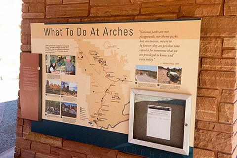 an exhibit board entitled "What To Do At Arches"