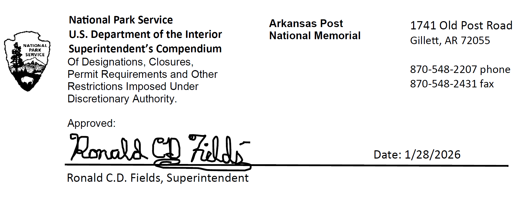 The signature of Superintendent Ron Fields on the Arkansas Post Superintendent's Compendium