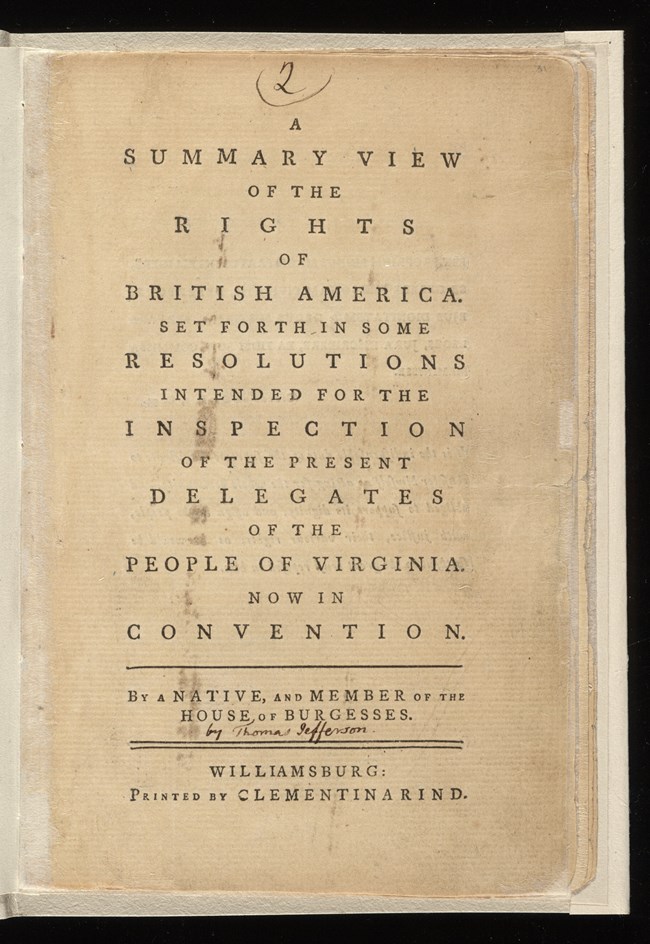 Title page of A Summary View of the Rights of British America signed by Thomas Jefferson