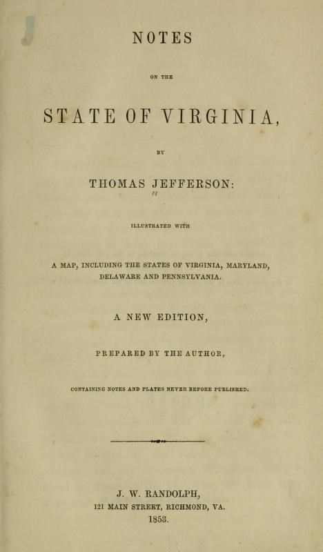 Title page for Notes on the State of Virginia by Thomas Jefferson