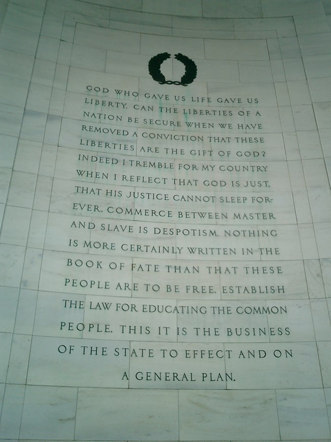 Jefferson Memorial interior wall inscription with bronze block lettering