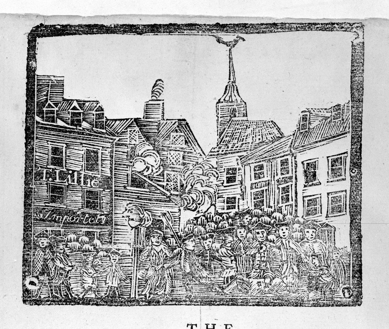 Print engraving of a late 1700s mob outside a shop.