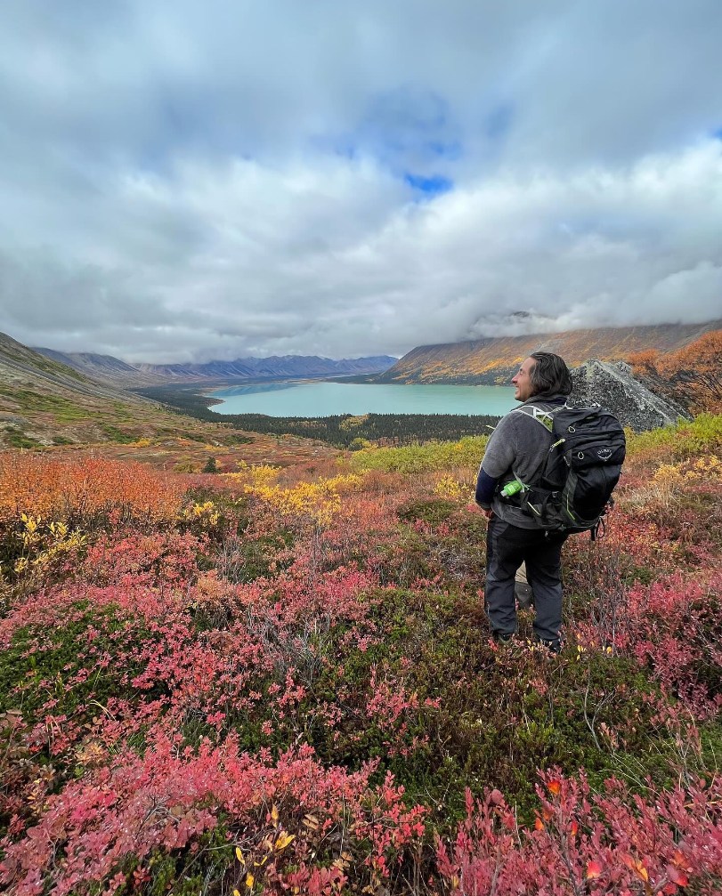 A person wearing grey clothing and a black backpack stands in a field with an array of red, yellow, and orange plants. In the distance is a bright blue lake with orange and green mountains surrounding the water.