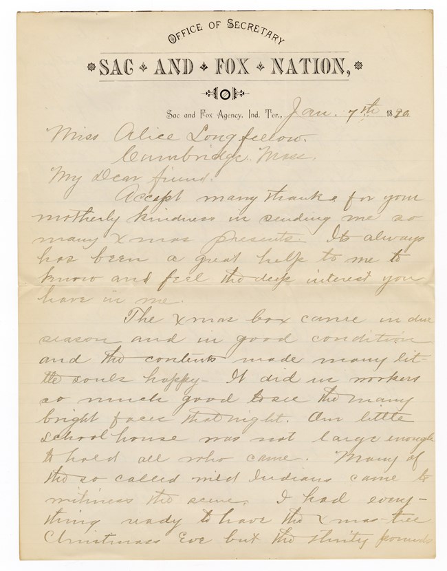 Manuscript letter on Sac and Fox Nation letterhead