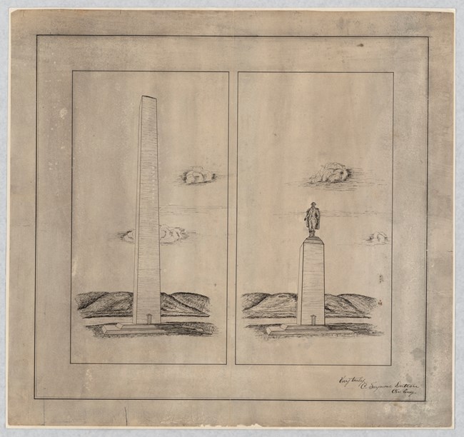 Proposed design for Washington Monument with completed portion as base for statue