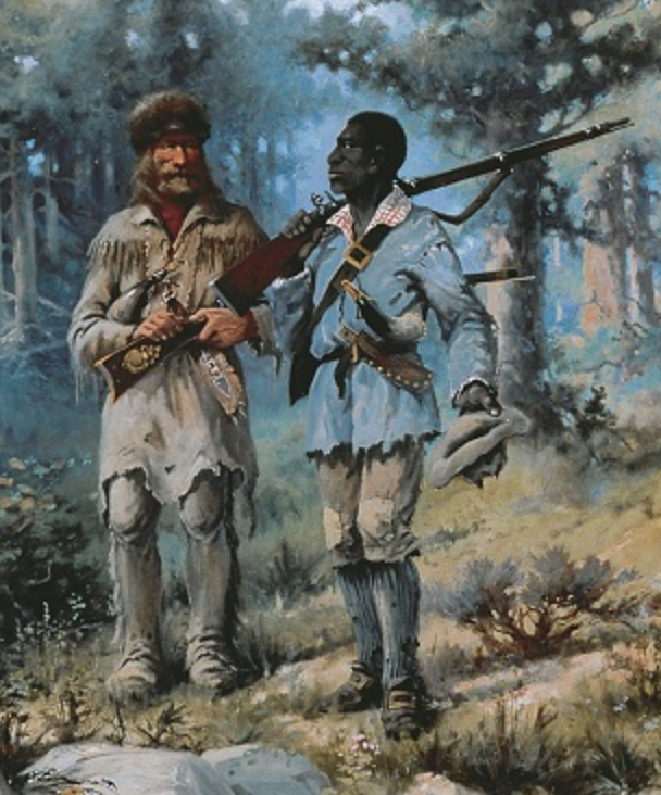 Oil painting shows York standing with a rifle on his shoulder, next to another member of the Corps.  Trees, grasses, brush, and boulders surround them.
