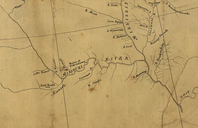 A hand-drawn map showing the Mississippi, Missouri, Illinois, Kansas, and Ohio Rivers, and their small tributaries.  Much of the yellowed paper is blank, due to limited knowledge of the area.