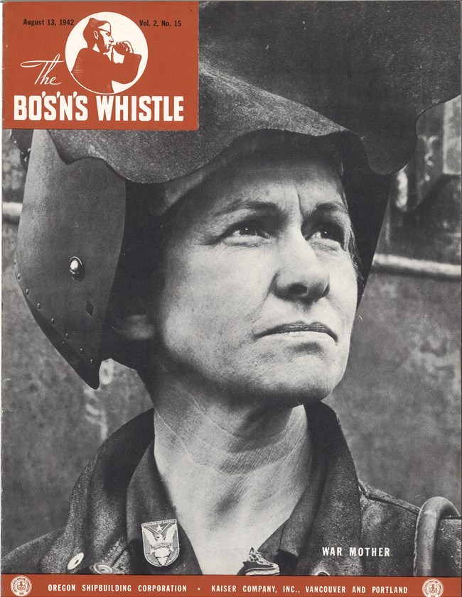 A magazine cover with the Bos'n's Whistle title and logo in the upper left corner. The main image is a black and white photograph of a woman wearing a welding helmet pushed up to show her face. She stares into the distance with a determined look.
