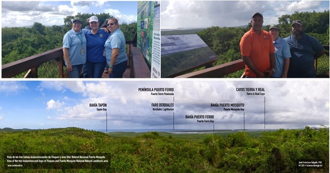 Collage of three images depicting people standing next to sign and a panoramic view of Caribbean landscape