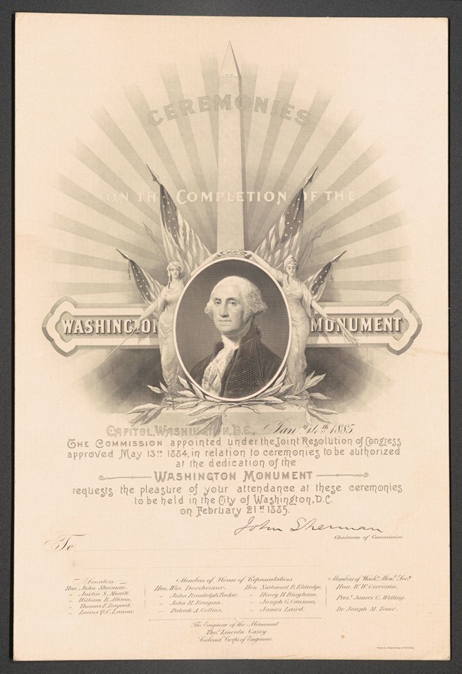 Beige invitation with image of George Washington in center, surrounded by two female figures and American flags, with the Washington Monument in the background.