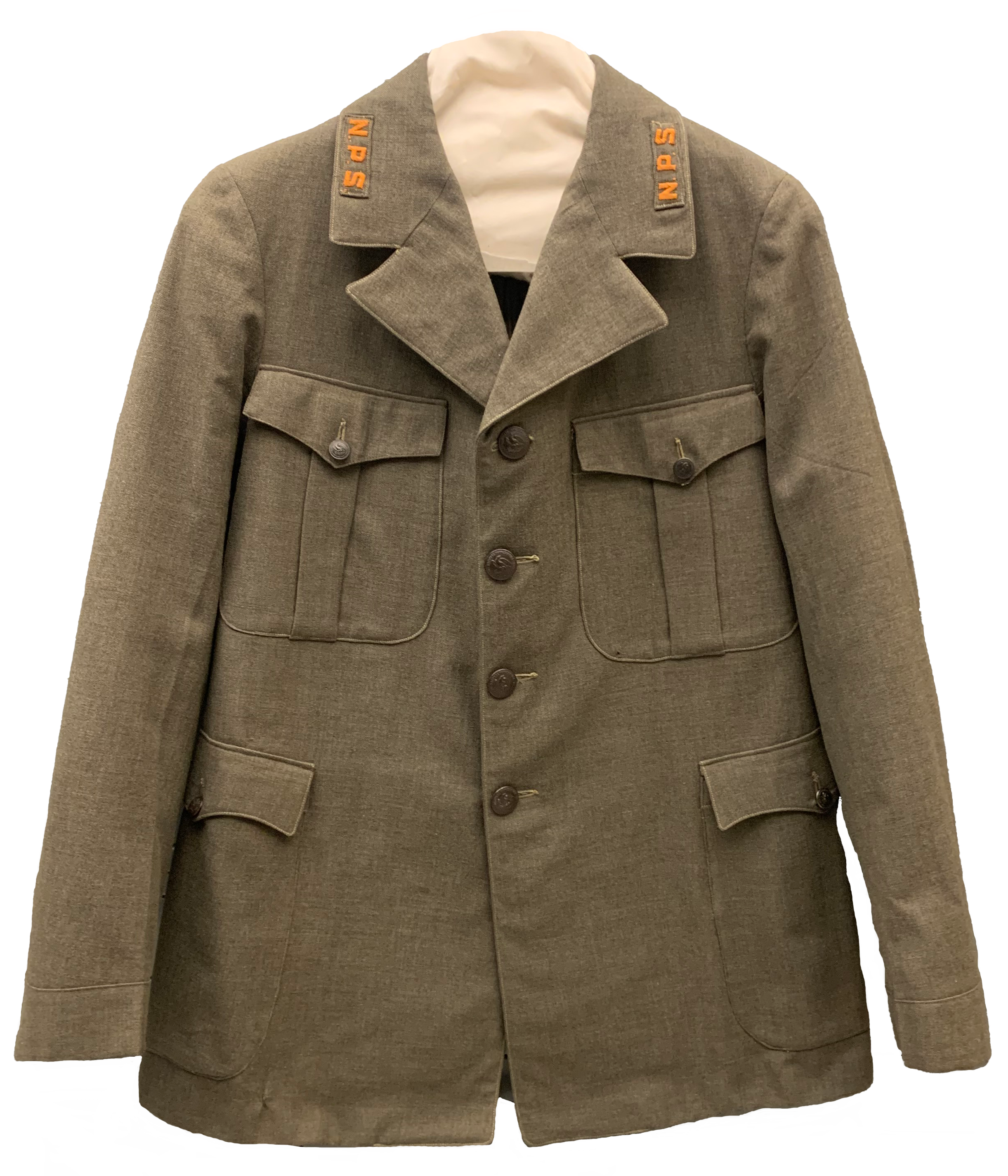 Green uniform with bronzed buttons down the front and on pockets with NPS embroidered on collars on a hanger