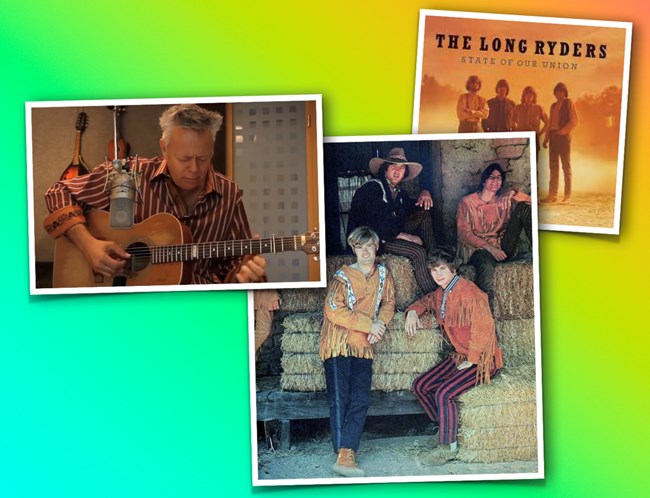 Three photos on a brightly colored background. One of Tommy Emanuel, a middle-aged white man playing an acoustic guitar; a 1960s photo of the group Lewis and Clarke Expedition, four young white men standing in front of or sitting on large bales of hay wea