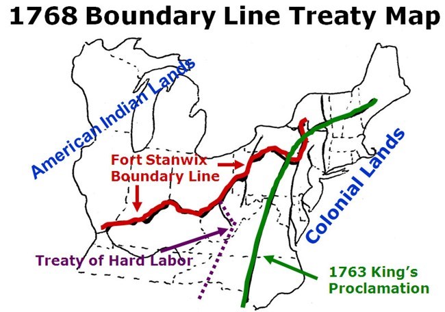 The eastern continental United States. Lines drawn through the Appalachian Mountains show the borders between British and Native territories.