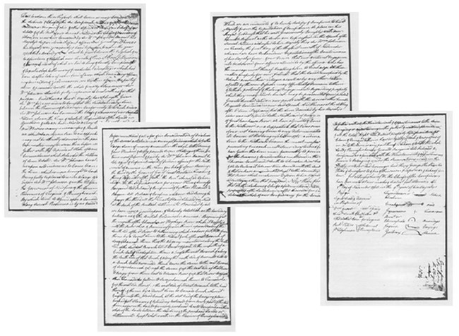 Four papers crowded with handwriting in cursive. Smudges of ink blot areas.