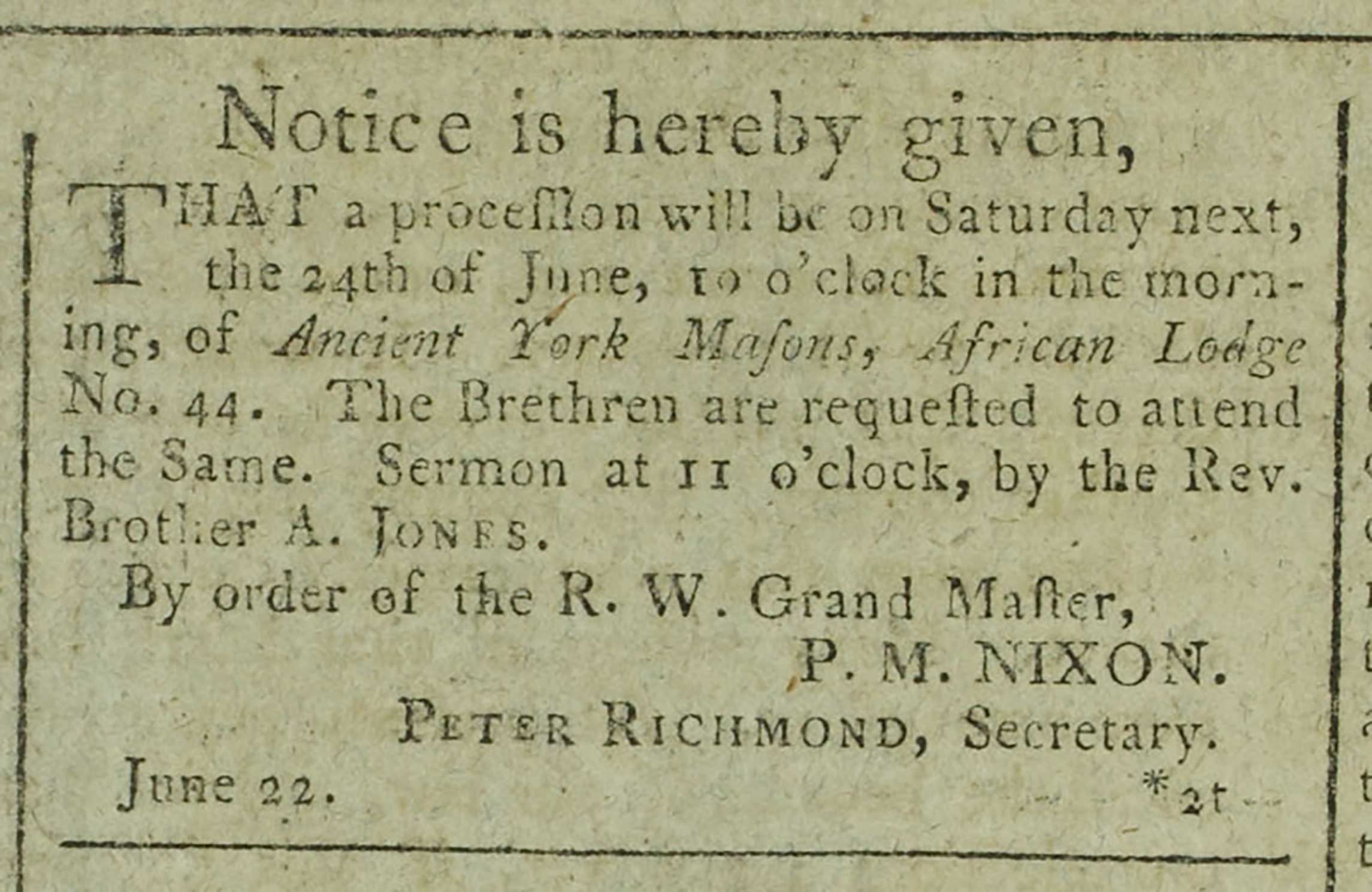 newspaper ad of black text on aged yellow background