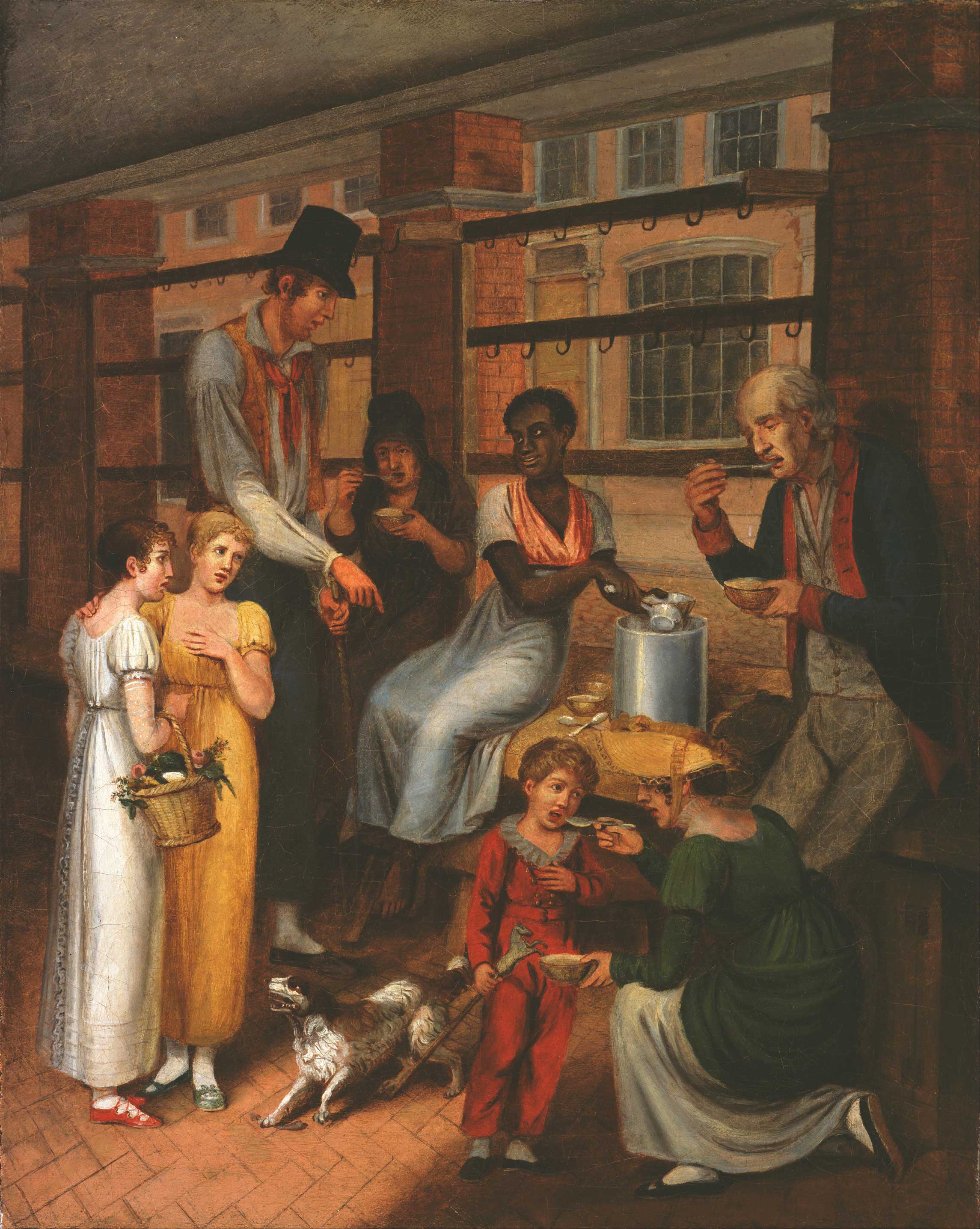 Multicolored scene of woman serving soup from a pot to 5 people surrounding her and 2 onlookers.
