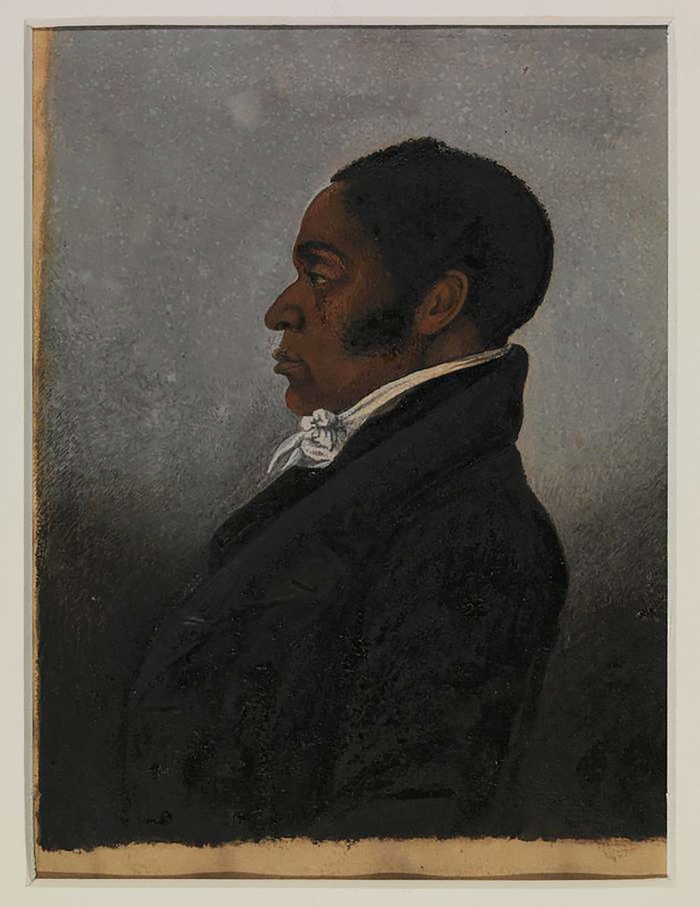 Watercolor painting of a Black man viewed from a bust-length, side profile wearing white tied collar visible above the collar of a dark-colored jacket.