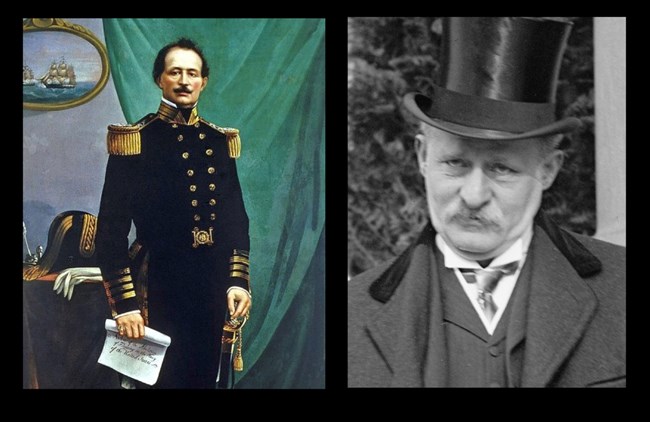 On the left, a color painting of Uriah Levy, dressed in his Navy officer’s uniform.  On the right, a black-and-white photograph of Jefferson Levy, wearing a black suit, overcoat, and tall silk hat.  Both men have mustaches.