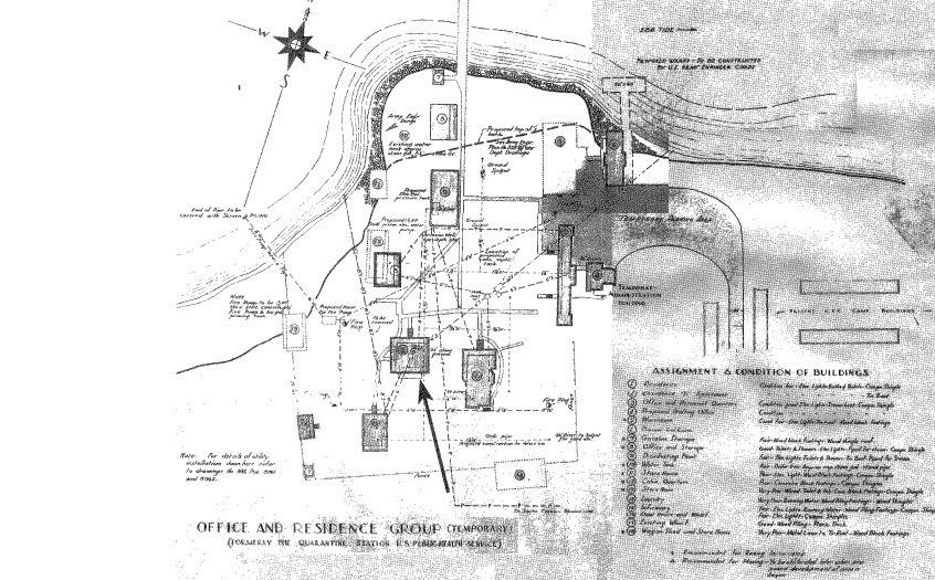 A 1939 sketched map shows the Cockspur Island Quarantine Complex, consisting of just under a dozen buildings. An arrow points to the building which acts as the current park headquarters on the Southwestern side.