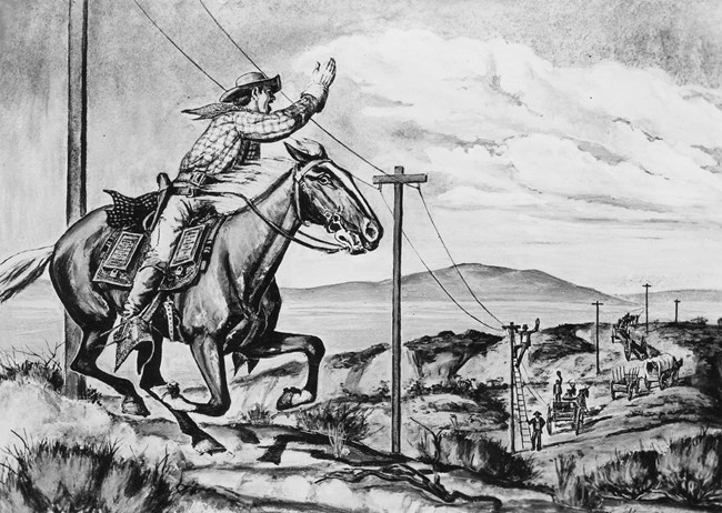 An illustration of a Pony Express rider passing workers building telegraph lines.