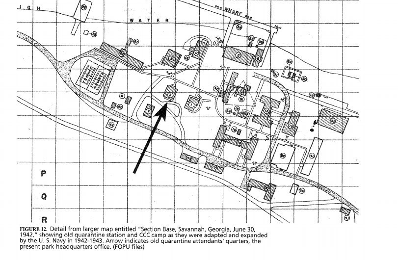 1942 a U.S. Navy Map shows the Cockspur Island quarantine complex buildings and additional structures erected for CCC camp 460. An arrow marks the building on the western end which serves as the current park headquarters.