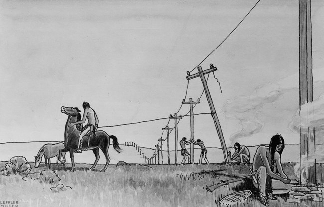 An illustration of Native Americans destroying telegraph poles.