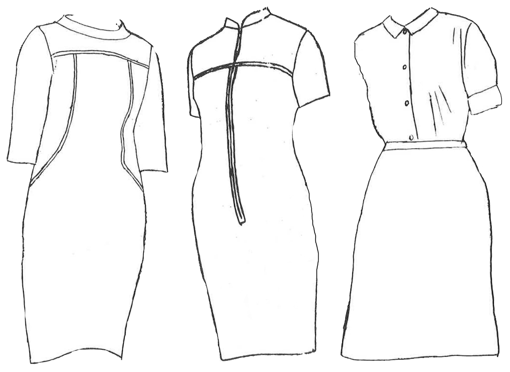 sketches of two dresses and a shirt with blouse