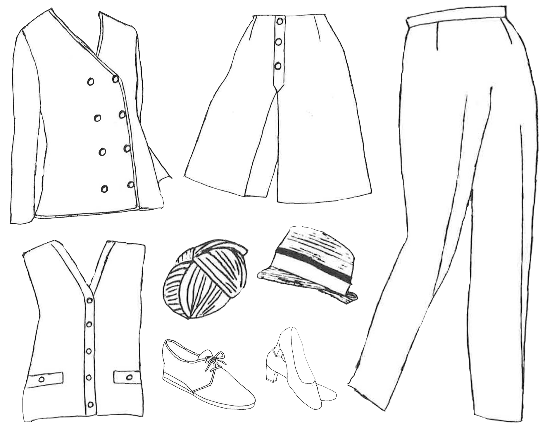 Sketches of blazer, pants, culottes, shoes, and hats for women's uniform