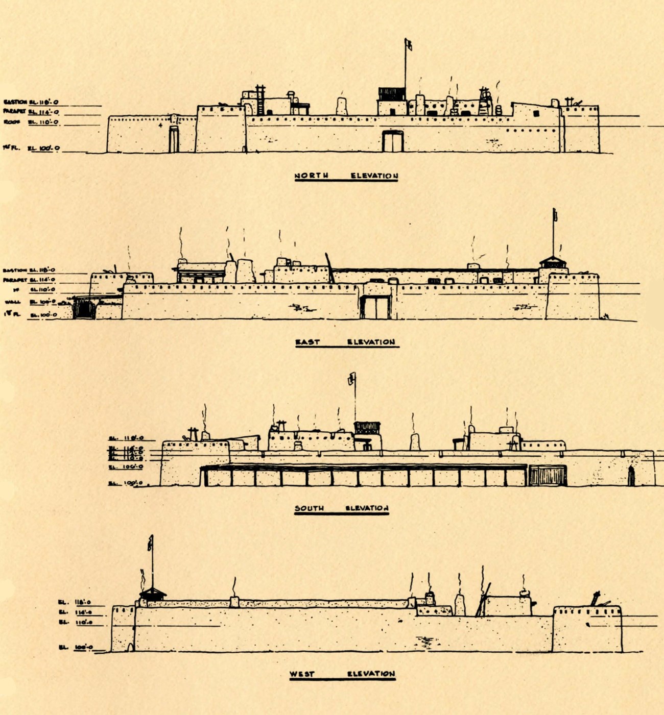 Drawings showing exterior views of the fort used in preparing the 1976 reconstruction