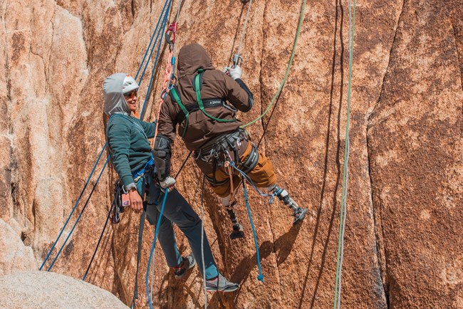 An adaptive climber with artificial legs ascends a rock face