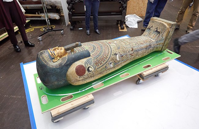 The Mummy of Nesmin returned to his coffin and ready to transport. Photograph courtesy of the RISD Museum, Providence, RI.