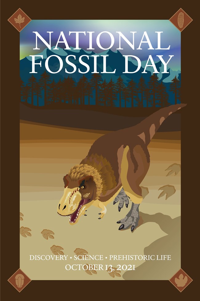 artwork of tyrannosaur walking under a polar night sky and text "National Fossil Day"