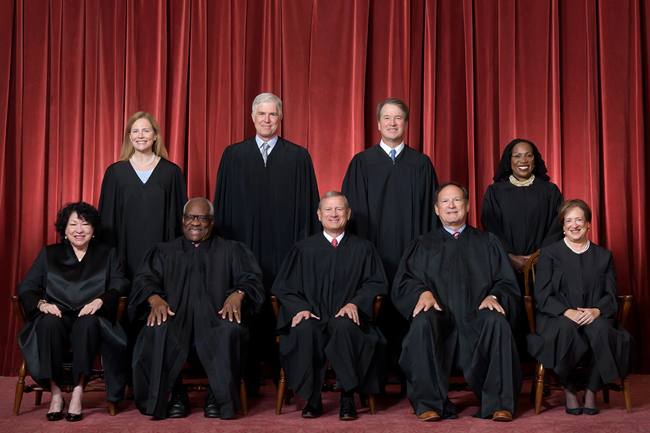 The Roberts Court Justices in front of a velvet curtain back drop