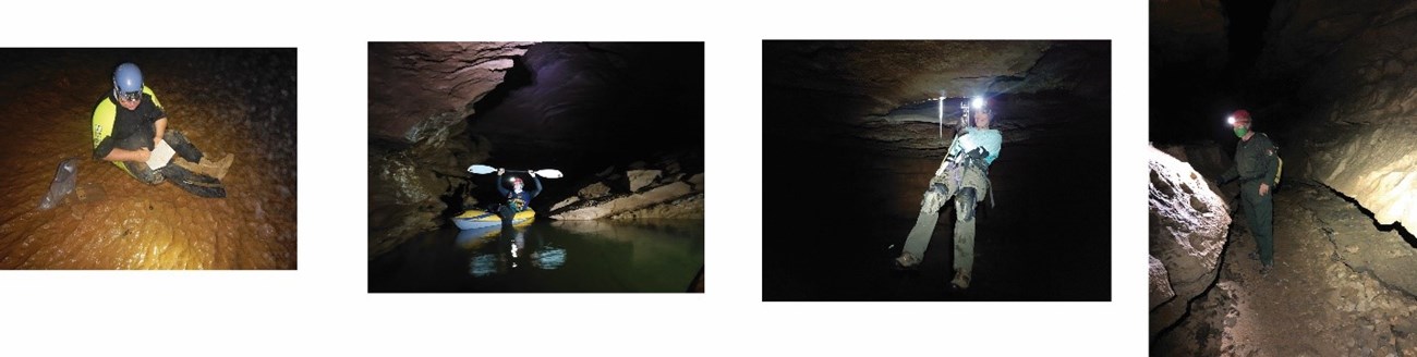 four photos of people working underground in a cave.