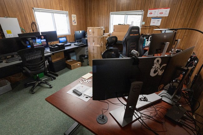 IT office filled with computer parts.