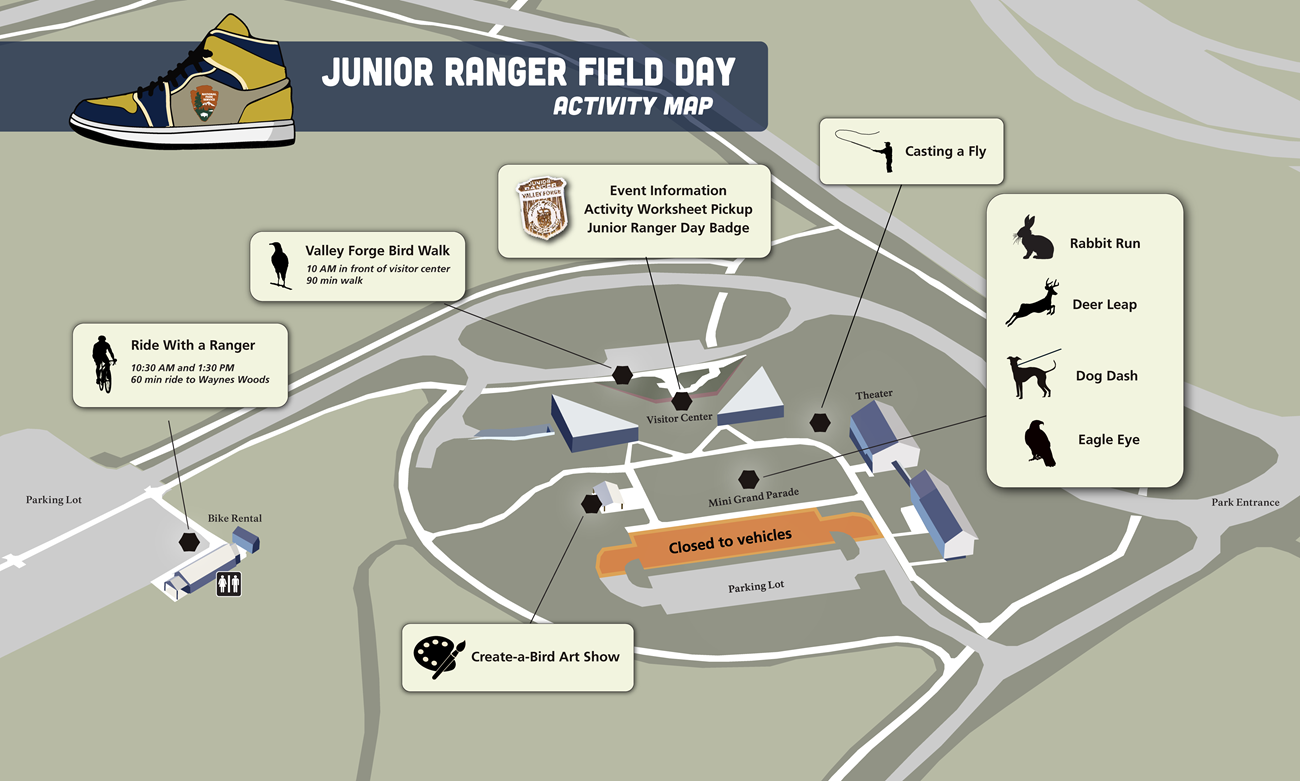 An illustrated map showing the visitor center area at valley forge national historical park. half of the parking lot near the Mini Grand Parade is closed to vehicles. activity locations are indicated by the name of each activity and silhouettes.