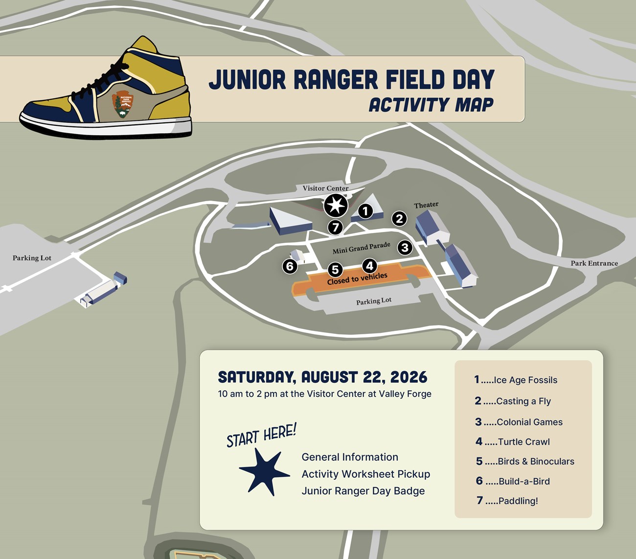 illustrated map showing aerial view of visitor center area at valley forge. a six-pointed star marks the front entrance to the visitor center. numbers mark the location of activities around the mini grand parade behind the visitor center.