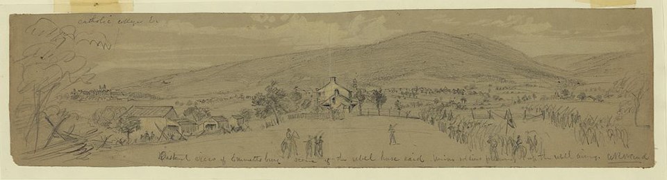 A sketch of a Confederate cavalry raid on a farm with United States soldiers defending it.