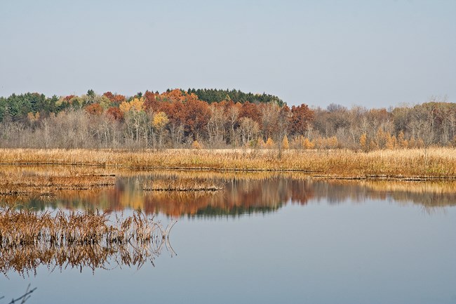 lake in foreground with fall color trees in background