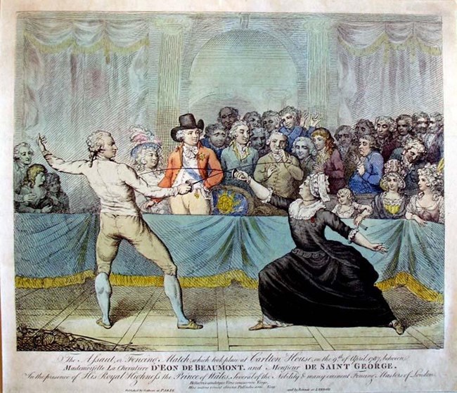 Painting of a fencing match between two people, one dressed as a man, the other dressed as a woman, as spectators watch.